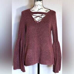 AEO Super Soft Marled Purplish Bell Sleeve Sweater Detailed Open Neck Design